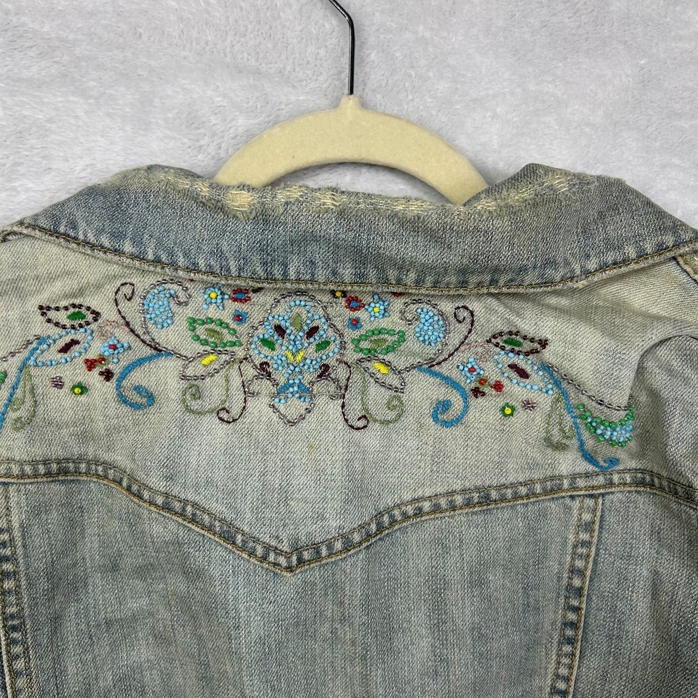 Vintage Old Navy Denim Jacket Women's Blue Floral Embroidery Beaded Y2K - 2XL - Picture 11 of 12
